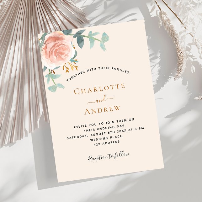 Invitation Mariage de de verdure rose doré beige (Créateur téléchargé)