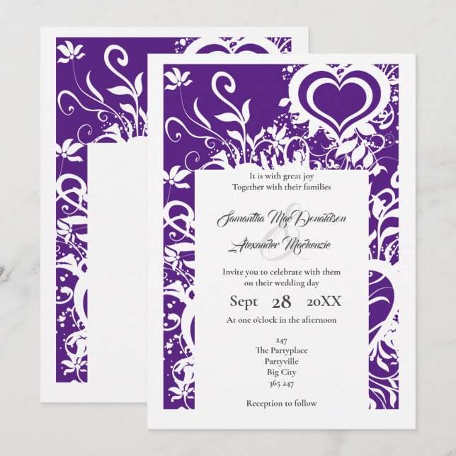 Invitation Mariage de découpe de papier à fleurs violet et bl (Devant / Derrière)