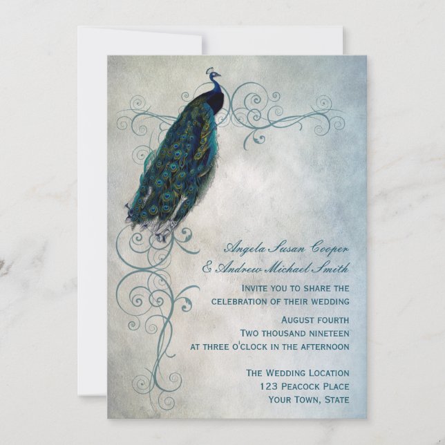 Invitation Mariage de défilement de Peacock (Devant)
