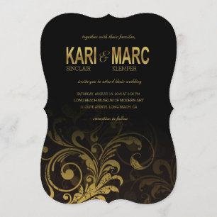 Invitation Mariage de défilement florissant  noir et or