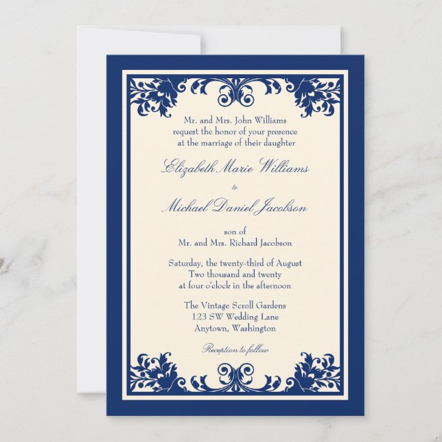 Invitation Mariage de défilement Vintage de la marine (Devant)