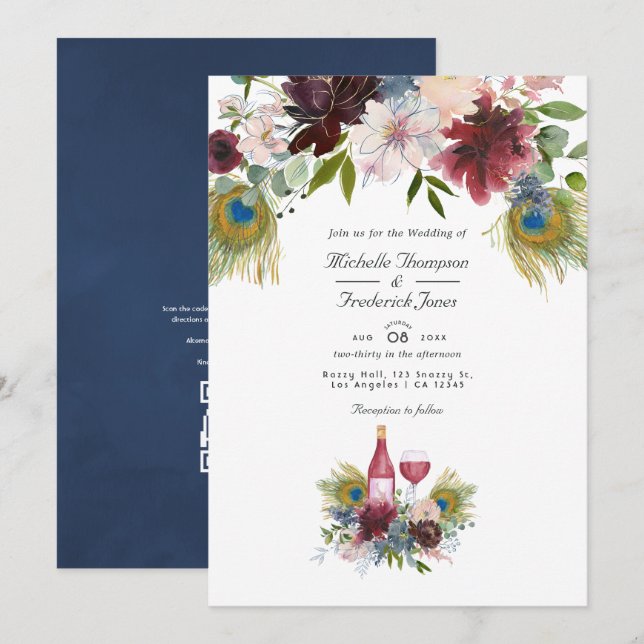 Invitation Mariage de dégustation de vin Peacock de la Bourgo (Devant / Derrière)