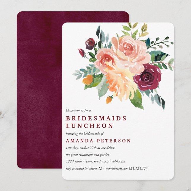 Invitation Mariage de déjeuner de Burgundy Bloom (Devant / Derrière)