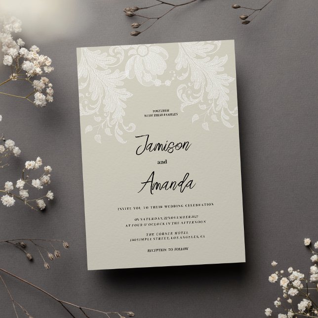 Invitation Mariage de dentelle blanche neutre rustique (Rustic earthy neutral white floral lace Wedding )
