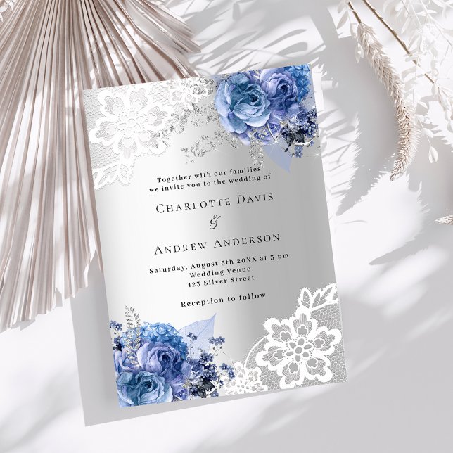 Invitation Mariage de dentelle bleu argenté (Créateur téléchargé)