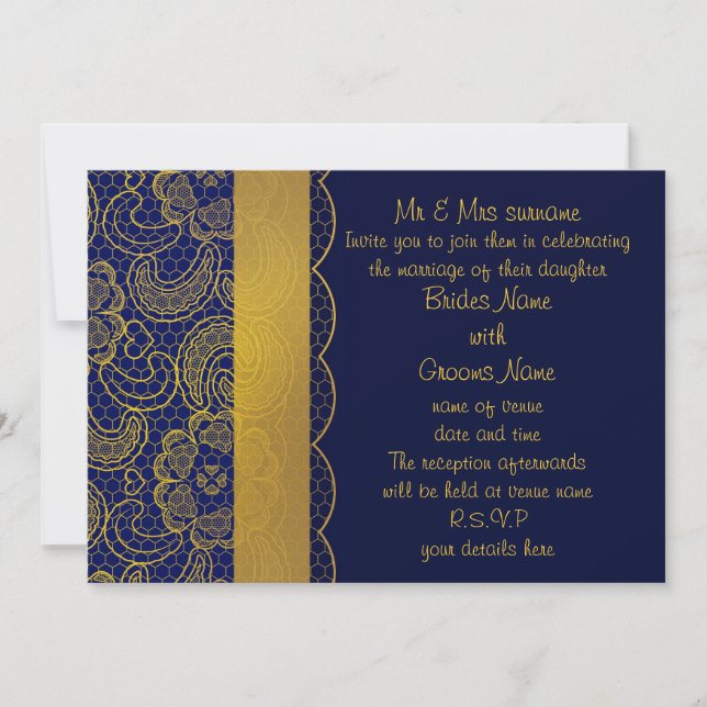 Invitation Mariage de dentelle bleu et or de la Marine (Devant)