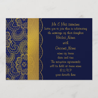 Invitation Mariage de dentelle bleu et or de la Marine