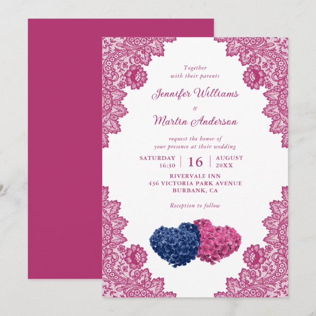 Invitation Mariage de dentelle bleu et rose de la marine russ (Devant / Derrière)
