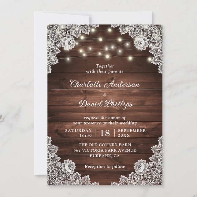 Invitation Mariage de dentelle de bois rustique (Devant)