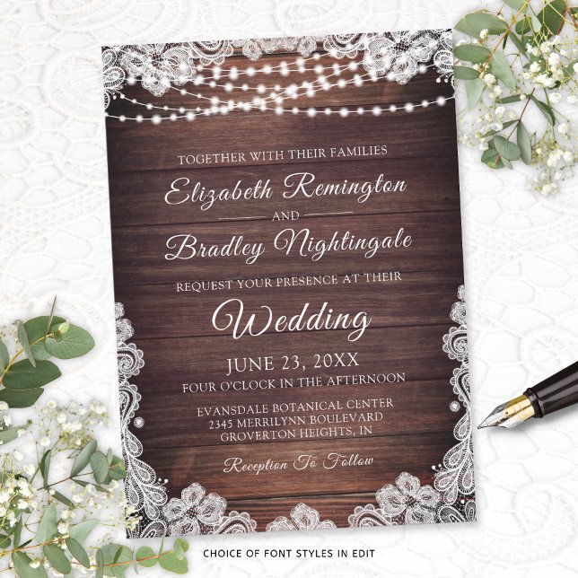 Invitation Mariage de dentelle de bois rustique (Créateur téléchargé)