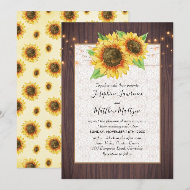 Invitation Mariage de dentelle de tournesol rustique (Devant / Derrière)