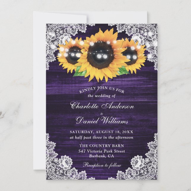 Invitation Mariage de dentelle de tournesol violet (Devant)