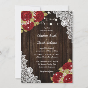 Invitation Mariage de dentelle en bois rouge rustique