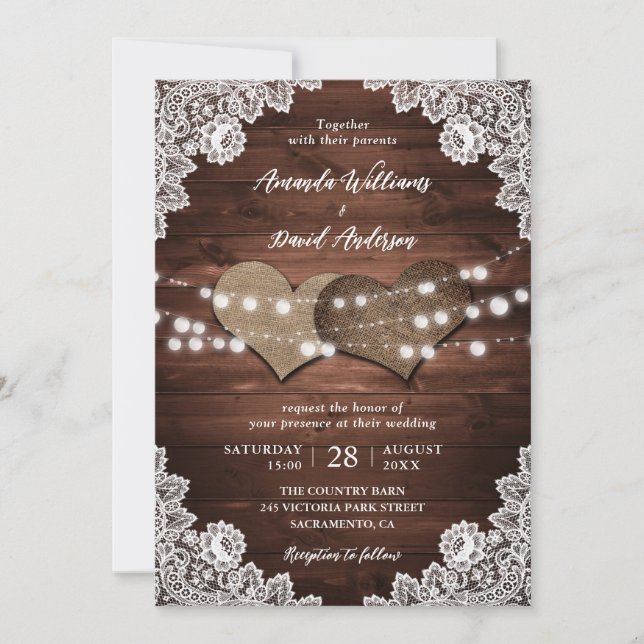 Invitation Mariage de dentelle en bois rustique (Devant)