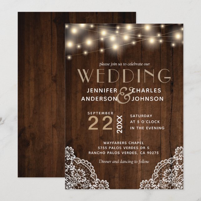 Invitation Mariage de dentelle en bois rustique (Devant / Derrière)