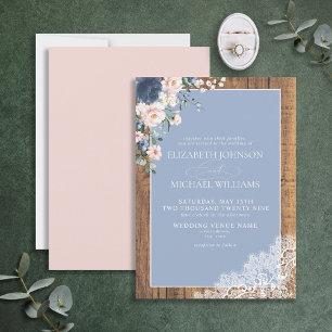 Invitation Mariage de dentelle en bois rustique bleu foncé