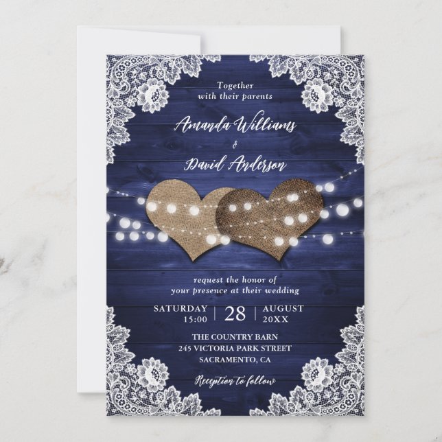 Invitation Mariage de dentelle en bois rustique bleu marine (Devant)