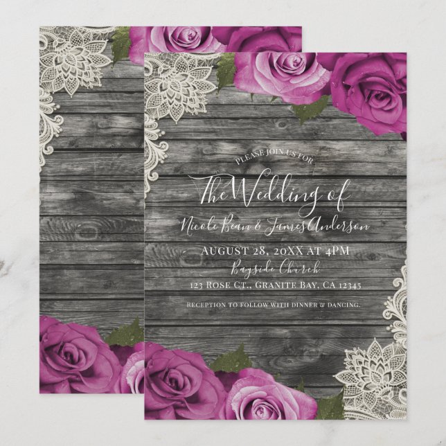 Invitation Mariage de dentelle en bois rustique Fuchsia rose  (Devant / Derrière)