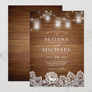 Invitation Mariage de dentelle en bois rustique Mason Jar