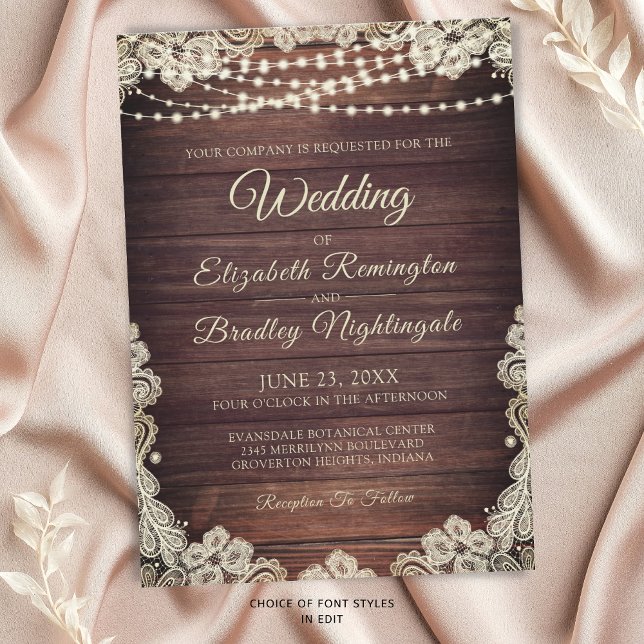 Invitation Mariage de dentelle en ivoire en bois rustique (Créateur téléchargé)