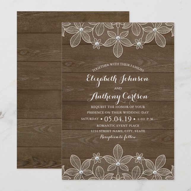 Invitation Mariage de dentelle et perles de bois rustique (Devant / Derrière)