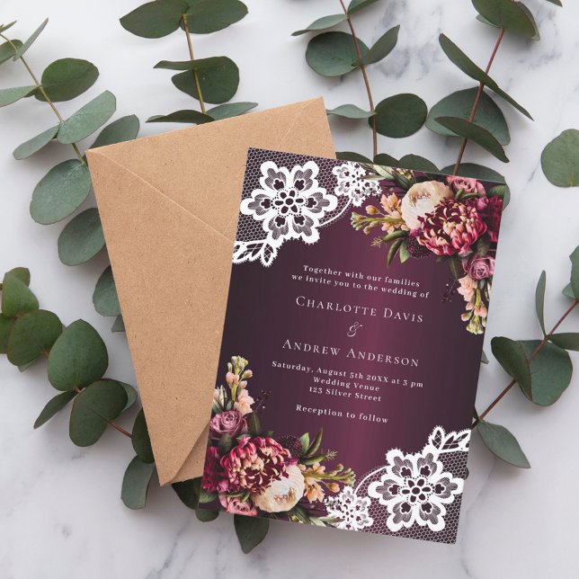 Invitation Mariage de dentelle fleurie de pêche rose bordeaux (Créateur téléchargé)