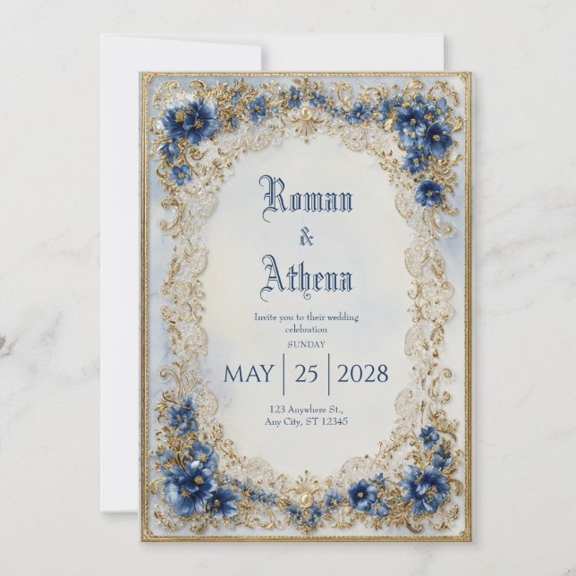Invitation Mariage de dentelle Floral Bleu et Or (Devant)