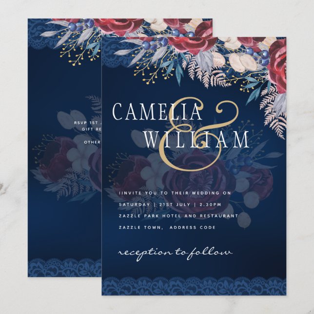 Invitation Mariage de dentelle florale bleu Bourgogne intempo (Devant / Derrière)