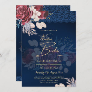 Invitation Mariage de dentelle florale bleu Bourgogne moderne