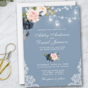 Invitation Mariage de dentelle florale rose-bleu foncé