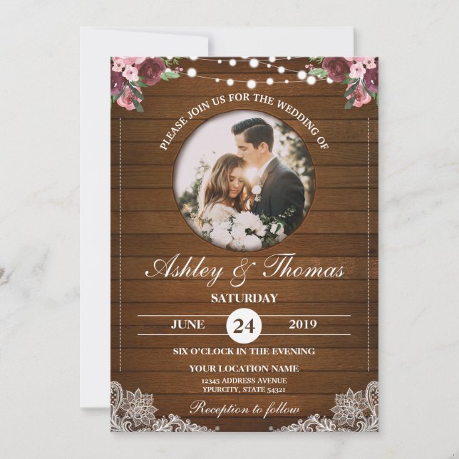 Invitation Mariage de dentelle florale rustique Personnalisat (Devant)