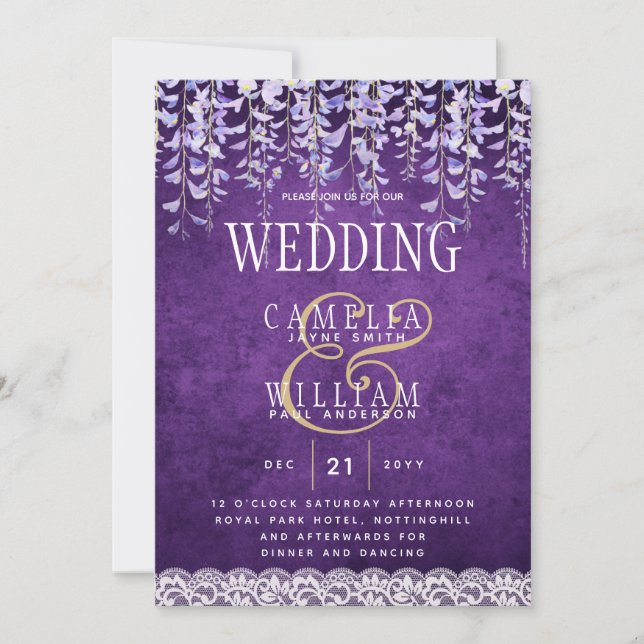 Invitation Mariage de dentelle moderne violet (Devant)