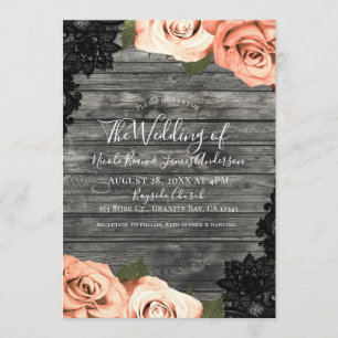 Invitation Mariage de dentelle noire en bois rustique gris Ro