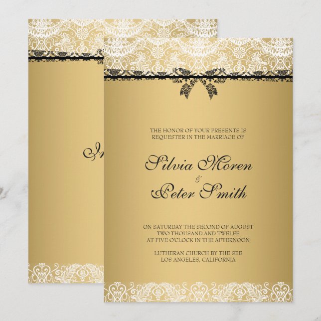 Invitation Mariage De Dentelle Or Et Blanc (Devant / Derrière)