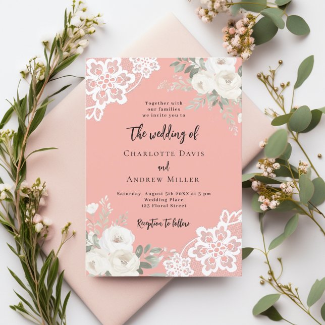 Invitation Mariage de dentelle rose corail (Créateur téléchargé)