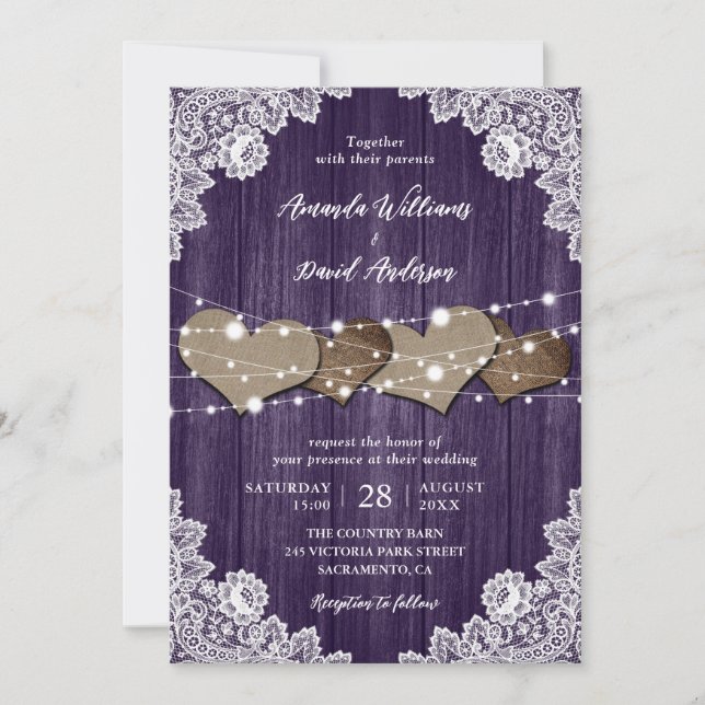 Invitation Mariage de dentelle Russe violet en bois (Devant)