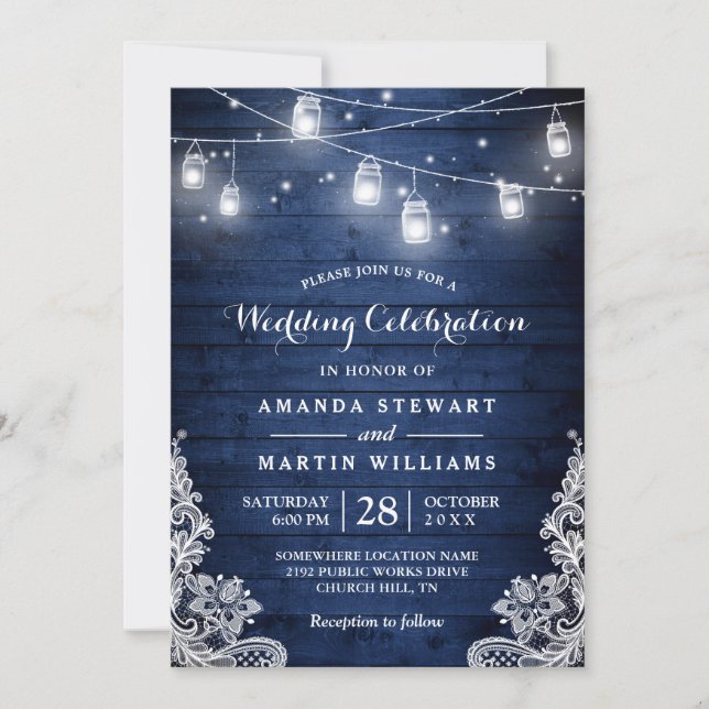 Invitation Mariage de dentelle rustique de minuit bleu (Devant)