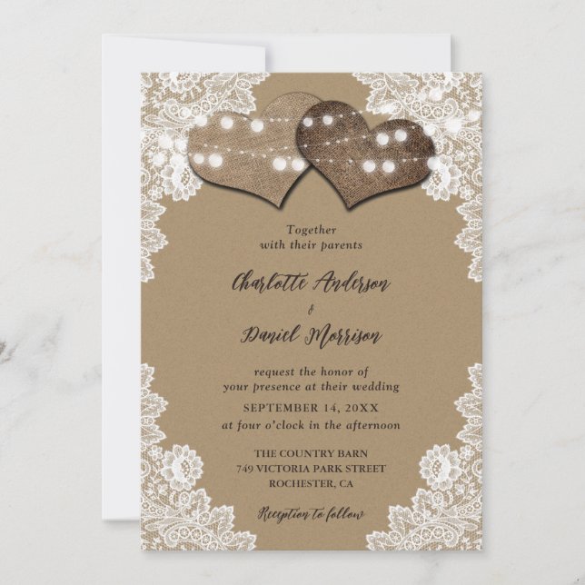 Invitation Mariage de dentelle Rustique Kraft (Devant)