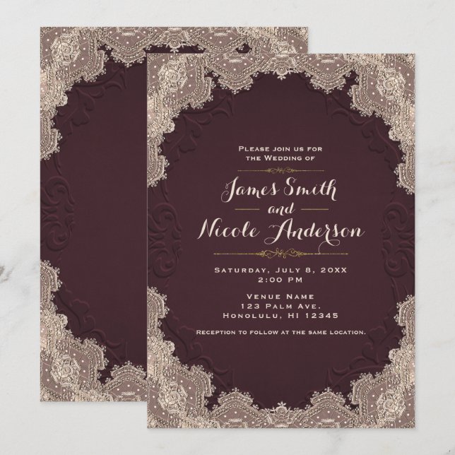 Invitation Mariage de dentelle Vintage en cuir Brown rouge (Devant / Derrière)