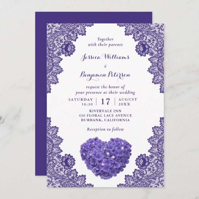 Invitation Mariage de dentelle violette rustique personnalisé (Devant / Derrière)