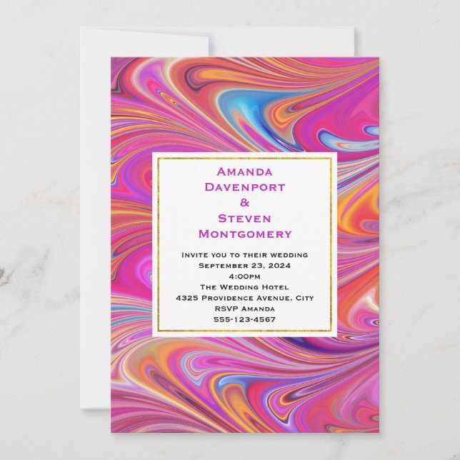 Invitation Mariage de design Tourbillonnant Trippy rose et or (Devant)