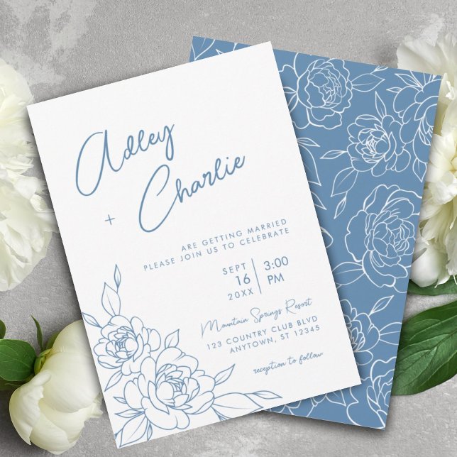 Invitation Mariage de dessin de ligne botanique bleu et blanc (Créateur téléchargé)