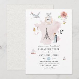 Invitation Mariage de destination à Paris en aquarelle Monogr