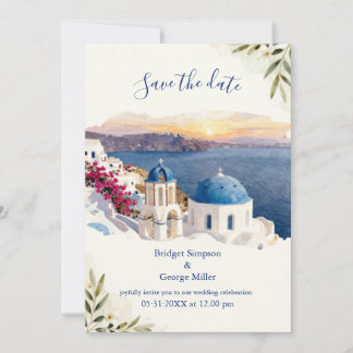 Invitation Mariage de destination à Santorin bleu aquarelle