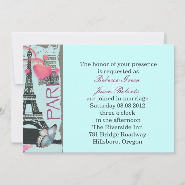 Invitation mariage de destination de la tour eiffel rose de p (Devant)
