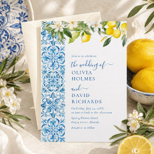 Invitation Mariage de Destination en Carrelage Bleu au Citron
