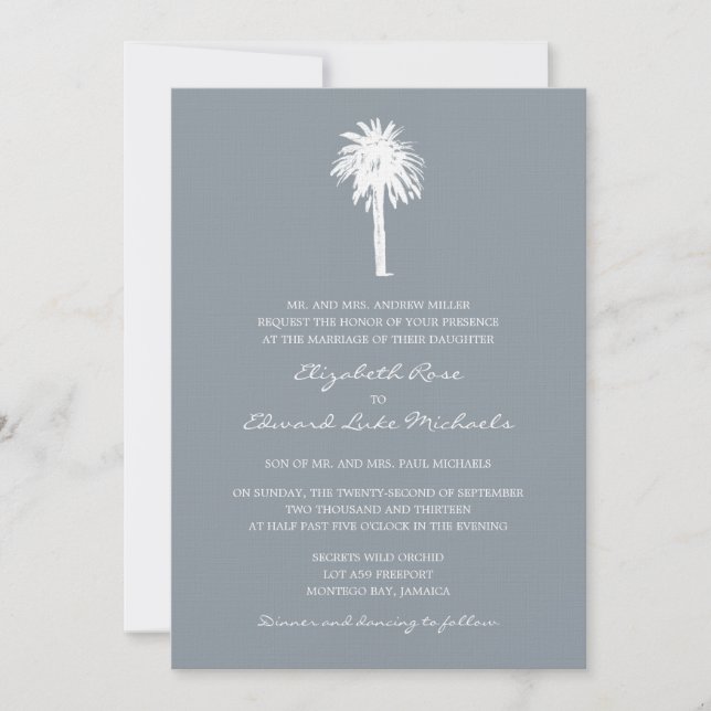 Invitation Mariage de destination pour palmiers gris et gris (Devant)