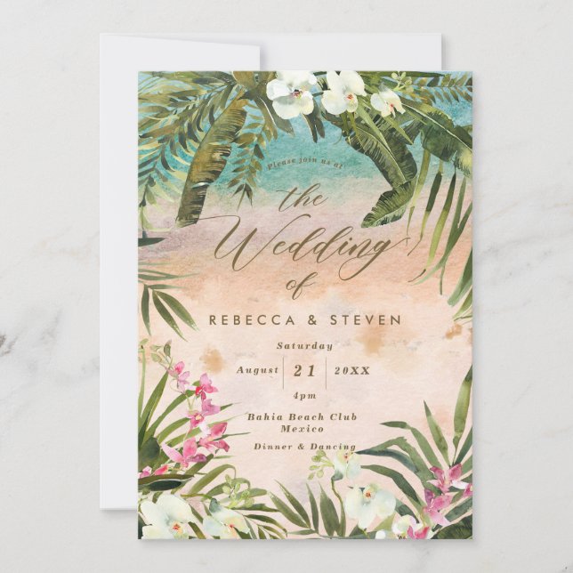 Invitation mariage de destination sur une plage tropicale aux (Devant)