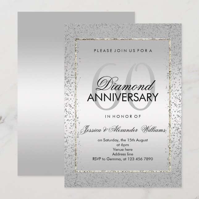 Invitation Mariage de diamant de 60 ans Stylé Argent Confetti (Devant / Derrière)