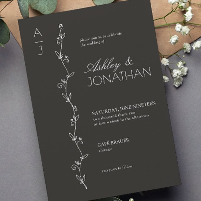 Invitation Mariage de diviseur botanique moderne Noir (Créateur téléchargé)